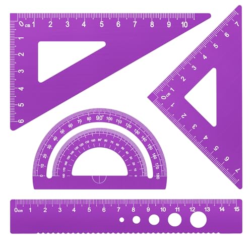 Honagu Triangular Ruler Set, 4 Pieces Aluminum Alloy Ruler, Metal Drafting Ruler, Geometric Protractor for Students, Draftsmen, Engineers, School Office Supplies (Purple) - color: Purple