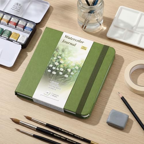 TX Liteart Watercolor Sketchbook, 5.5" x 5.5", 300 GSM Cold Press, Cotton | Green, 24 Sheets, 48 Pages. Pure Cotton, 140Lb Heavyweight Pad For Mixed Media, Watercolor Journal for Travel Sketching