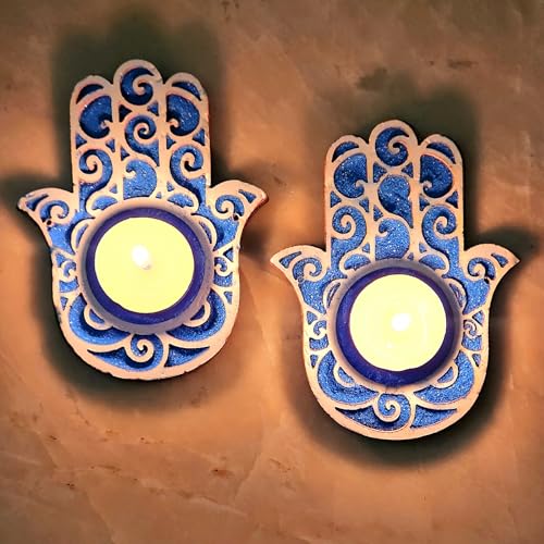 DIY Wooden MDF Rangoli KIT with Rangoli Colors | Tea Light Rangoli KIT| Rangoli Powder,Diwali Decorations, 3 D Rangoli Stencils (Hamsa Evil Eye Tealight Rangoli kit Set of 2) - style: Hamsa Evil eye Tealight Rangoli kit set of 2
