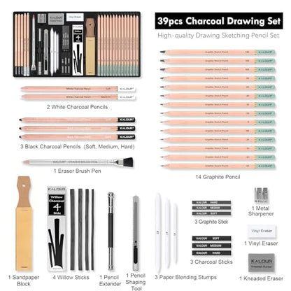 KALOUR PDAS 39pcs Drawing Pencil Set, Professional Sketching Kit with Graphite, Charcoal & Sketch Pencils for Drawing, Complete Drawing Kit for Artists & Beginners