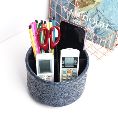 Round Leather Art Supply Organizer,Remote Control Holder,360 Degree Spinning,Multi-Functional Pencil Holder,4 Compartments Desktop Stationary Organizer(1-Carved Dark Blue) - color: 1-Carved Dark Blue