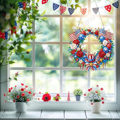Eiflow Acrylic Diamond Art Hanging Kit for Adults 4th of July, DIY Diamonds Painting Door Hanging Board Kit, Special Crystal Diamond Art Painting Pendant Ornament (Patriotic Wreath) - color: Patriotic Wreath