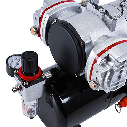 Master Airbrush TC-828 Airbrush Compressor with Tank- 1/4 HP Twin Cylinder, 3L Air Tank, 46L/Min Flow, Dual Air Brush Support, True Diaphragm Regulator, Portable - Ideal for Artists, Studios - style: Dual Piston with Tank