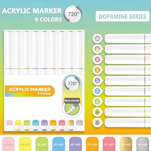 Water Based Acrylic Paint Markers, 9 Colors Paint Pen Set | Dopamine Series, Soft Brush Tip, Smooth Writing, Marker Pen for Rock Painting, Egg, Wood, Glass, Mugs, Black Paper - color: Dopamine Series