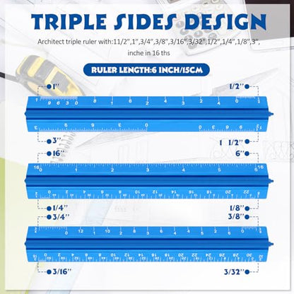 Fumete 12 Pack 6 Inch Architectural Engineering Scale Rulers Small Scale Ruler Pocket Size Scale Ruler Construction Rulers Imperial Measurements for Architects Engineering, Draftsman Drawing(Blue) - color: Blue