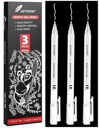 GETHPEN White Gel Pens, 1.0mm Fine Opaque White Ink Pens, 3 Pack | Opaque White Gel Ink Pens for Black Paper Drawing, Bullet Journaling, Artists Drawing, Sketching, Card Making - size: 1 Count (Pack of 3), style: 3 Pack White