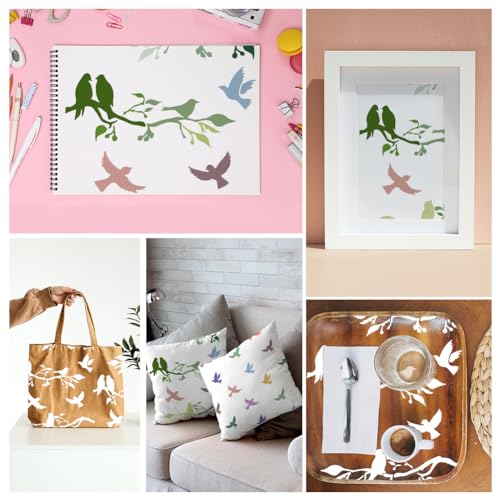 Birds On Branch Wall Stencil Template 11.8 x 11.8 Inch Reusable Plastic Stencil for Painting on Wood Wall Floor Tile Fabric Glass DIY Home Decor | 11.8" x 11.8" Plastic Craft Stencil, Branch Bird Wall Stencil, DIY Home Decor Template for Wood Wall Floor T
