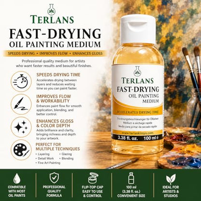 TERLANS Fast Drying Oil Painting Medium, 100 ml (3.38 fl. oz.) | Flip-Top Cap | Speeds Drying, Improves Flow & Gloss for Oil Paints | Artist Oil Painting Supplies