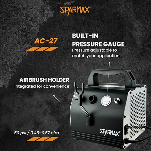 Sparmax AC27 Airbrush Compact Compressor - Portable, Oil-Free Piston, Adjustable Pressure with Built-in Gauge & Airbrush Holder - for Makeup, Nail Art, Models, Crafts
