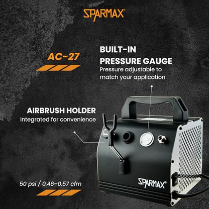 Sparmax AC27 Airbrush Compact Compressor - Portable, Oil-Free Piston, Adjustable Pressure with Built-in Gauge & Airbrush Holder - for Makeup, Nail Art, Models, Crafts