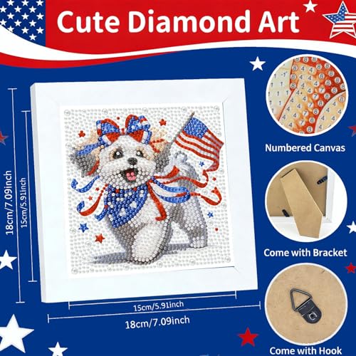 Gemozaic 4th of July Patriotic Dog Diamond Art Kit for Kids 8-12 with Frame, Cute Independence Day Puppy Diamond Art Painting, DIY Animal with American Flag Arts and Crafts Kit, 7 x 7 Inch - color: CC1076