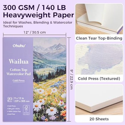 Ohuhu Cotton-Top Watercolor Paper Pad 9"x12" Cold Press Paper 20 Sheets