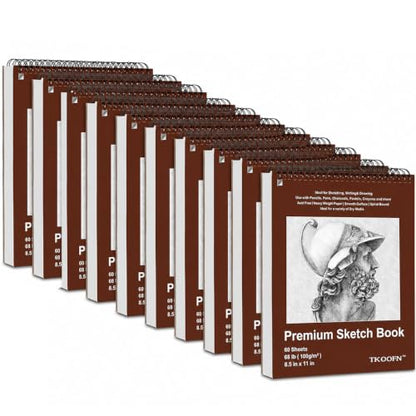 TKOOFN 10 Pack 8.5" x 11" SketchBooks Bulk,Top Spiral Bound Sketchbook | 60 Sheet Each,600 Sheets total,68lb/100gsm thick,Acid-Free,Sketch Drawing Paper Pad for Adult Kids Artists Beginners - color: 10 Pack, size: 8.5" x 11"