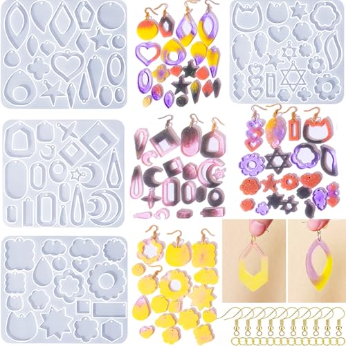 104Pcs Geometric Resin Earring Molds Kit, Flower Shaped Earrings Silicone Mold for Epoxy Resin Dangle Drop Jewelry Molds Making Kit with 100 Earring Hook for Earrings Necklace Pendants (Irregular) - color: Irregular