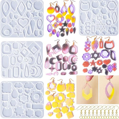 104Pcs Geometric Resin Earring Molds Kit, Flower Shaped Earrings Silicone Mold for Epoxy Resin Dangle Drop Jewelry Molds Making Kit with 100 Earring Hook for Earrings Necklace Pendants (Irregular) - color: Irregular