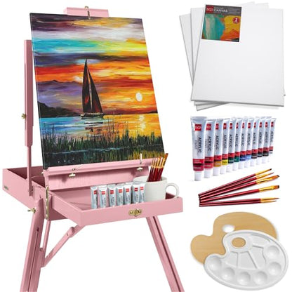 Best Choice Products Art Easel for Painting, Portable Wooden Adjustable Artist Tripod with Sketch Box, 32-Piece Art Set with Acrylic Paints, Brushes, Canvases & Palette - Pink - style: Pink