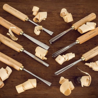 7-Piece Wood Carving Chisel Tools Set, Sharp CR-V Steel Blades | Precision woodworking tool kit with ash handles & canvas bag. Razor sharp 60CR-V blades for beginners and professionals - size: 7-Piece with Ash Handle