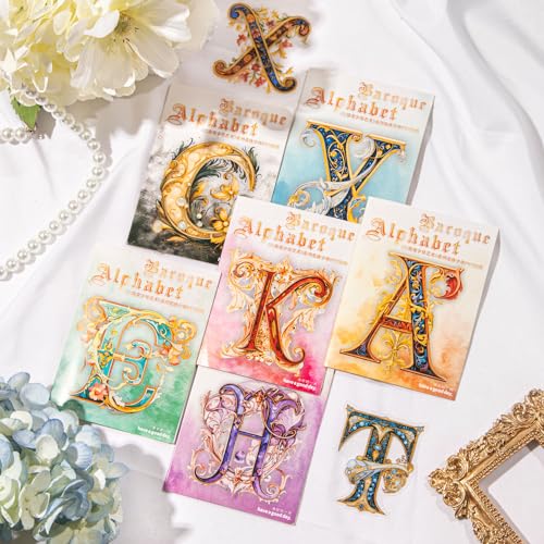 156 Pcs Baroque Alphabet Stickers for Scrapbook Journaling | Transparent PET with ornate A-Z letter designs in 6 color themes for junk journals, collages, card making and paper crafts - color: Baroque Alphabet