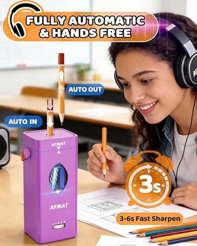 AFMAT Electric Pencil Sharpener, Fully Automatic Pencil Sharpener for 6-12mm No.2/Jumbo Pencils, Auto in & Out, 5 Sharpness Modes, Rechargeable Heavy Duty Sharpeners for Classroom/Home/Office PSC7 - color: Purple