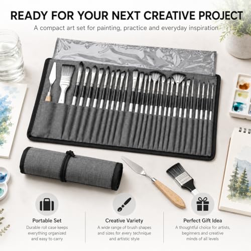 JYN‑ANREN 24Pcs Paint Brush Set, Professional 9 Shapes: Wide Flat, Filbert, Fan, Dagger, Cat Tongue, Round etc, for Acrylic, Oil, Watercolor, Includes Palette Knife & Waterproof Canvas Roll