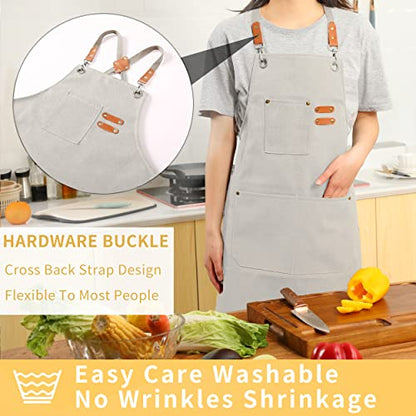 Tosewever Canvas Cross Back Chef Cotton Aprons for Men Women with Large Pockets - color: Beige