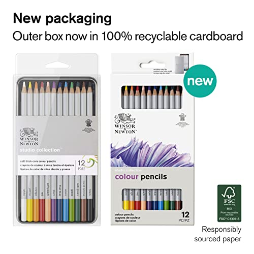 Winsor & Newton Studio Collection, Color Pencils, Set of 12 | Rich, Vibrant Color, Thick-Core Pencils, Soft Smooth Texture, Easy Blending, Stylish Metal Tin Included, High Quality Lead - style: 12 Color Pencils