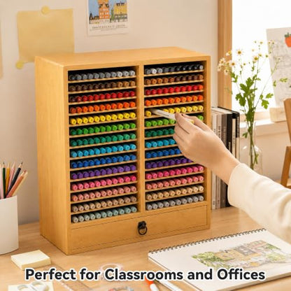 280 Marker Organizer, Bamboo Wooden Storage for Alcohol Markers Pens Pencils, No Assembly, Large Desk Holder for Artists Teachers Students, Classroom Office Art Supply (B With Drawer) - style: B With Drawer