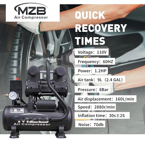 MZB 2.4 Gallon Ultra Quiet Air Compressor 110V/60Hz 1.2HP 5.65CFM, MAX 115PSI Steel Tanks Oil-Free 70dB Noise Level Air Compressor for Spray Painting, Auto Repair, Carpentry Decoration - size: MZB-850H-9
