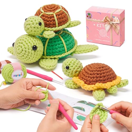 Mewaii Crochet Kit for Beginners, 3 Pack Sea Turtles Craft Set - color: Brown and Green