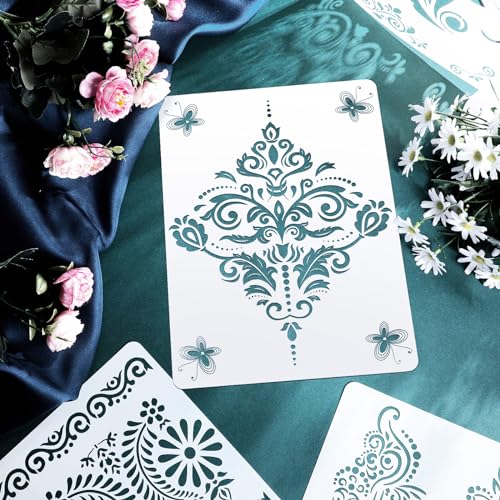 16 Pieces Flower Border Stencils, Mandala Stencils Templates Reusable Laser Cut Floral Painting Templates for DIY Wall Tile Furniture Canvas Craft Stencil Outdoor Indoor Decoration, 11.4 x 8.3 Inch