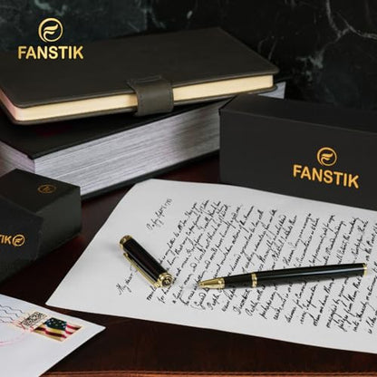 FANSTIK Customized Black & Gold Luxury Rollerball pen, fancy gift set for women, Real 24K Gold Plating, Professional executive pen gift set for men (Lux Custom-Rollerball Black-Gold) - color: D Cust-RollerBall Black-Gold