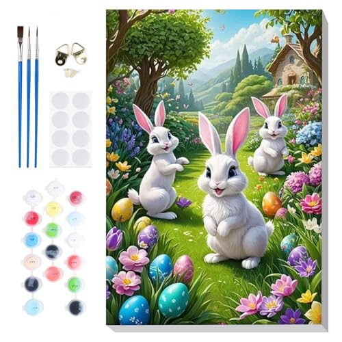 Bowetile Framed Paint by Numbers Easter Kit for Adults, Adults' Paint-by-Number Bunny Kits on Canvas, Painting by Numbers Rabbit, DIY Acrylic Number Painting for Home Wall Decor, 8x12in - color: E-2