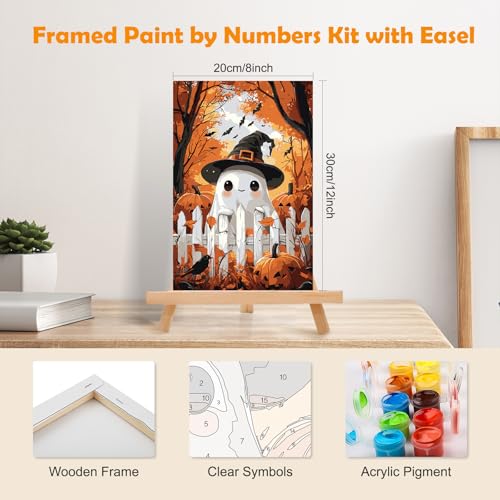 MOGTAA Halloween Ghost Paint by Numbers Kit for Adults Beginners with Frame, Fall Landscape Adult Paint by Number Kits on Canvas with Easel, Easy DIY Oil Painting Kits for Home Decor, 8x12in - color: Halloween Ghost3