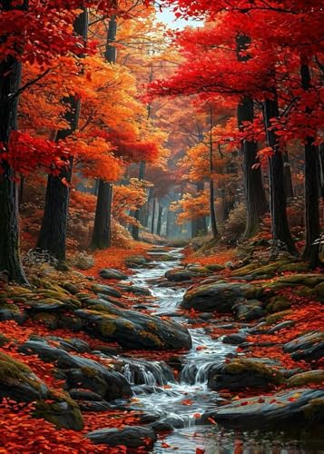 Fall Forest Brook Leaf Diamond Art Kits for Adults, 5D Diamond Painting Kits for Adults Beginners, DIY Full Round Drill Diamond Dot Painting Gem Art Kits for Adult, Home Wall Decor 11.8x15.7 Inch - color: NZ61