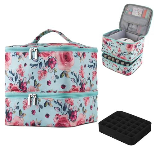 Buruis 2 Layer Nail Polish Bag, Nail Supplies Organizer, Aqua Floral | Dual Zippers, Adjustable Divider, Nail Dryer Storage, Fits 25 Bottles (15ML), Nail Tools Bag, Portable Manicure Case - color: Aqua Floral