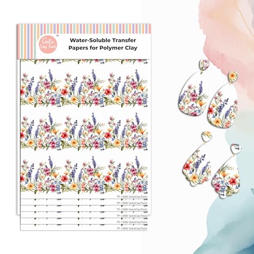 GOTO CLAY TOOLS Transfer Paper for Polymer Clay Earrings, 6 Pcs, Floral Border Water Soluble Transfer Sheet, Bright Colors Even After Baking, No Cracking, 4 x 5.5 inches | TPUS-1908 - color: TPUS-1908