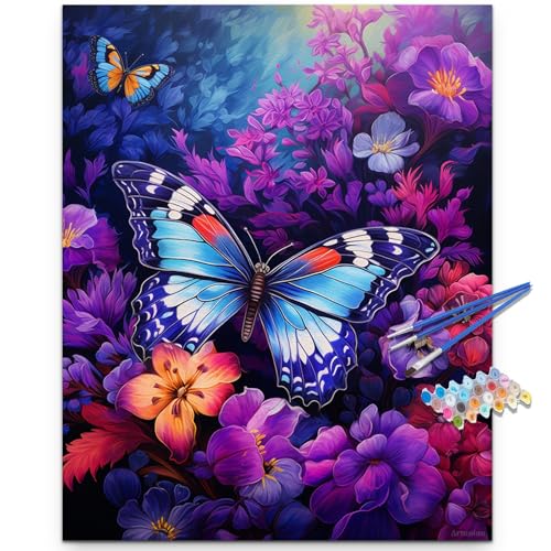 Artunion Butterfly Paint by Numbers Kit for Adults,Purple Flowers Paint by Number Kits, DIY Oil Painting Paint by Number Kits on Canvas Arts Craft for Home Wall Decor 16x20 Inch - color: ZXT-307