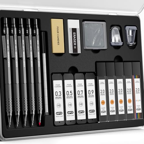 Four Candies Metal Mechanical Pencil Set, 4PCS 0.3, 0.5, 0.7, 0.9MM Mechanical Pencils & 2MM Drawing Pencil with 9 Tubes Lead Refills (4B 2B HB 2H Color) for Student Writing Artist Sketching - Black - color: Black, size: 0.3, 0.5, 0.7, 0.9, 2.0MM