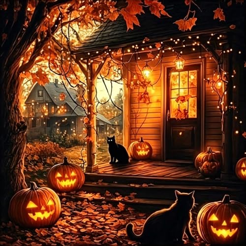 Fall Pumpkin Cat Leaf House Diamond Art Painting Kits for Adults, Diamond Painting Kits for Adults Beginners, 5D DIY Full Drill Diamond Dot Gem Art Kits for Adult, Home Wall Decor 13.8x13.8 Inch - color: Halloween Yard Pumpkin Cat