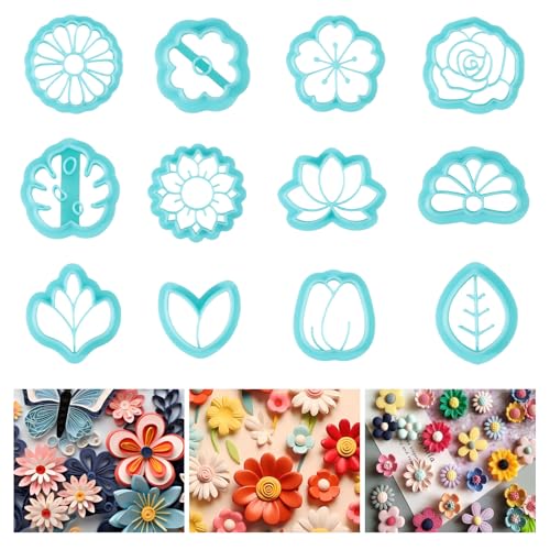 ORIGACH 12 Pcs Flower Clay Cutters Set | Rose Sunflower Daisy Tulip Cherry Lotus Turtle Leaf Polymer Clay Cutters Set for Earring & Jewelry Making - style: Flower