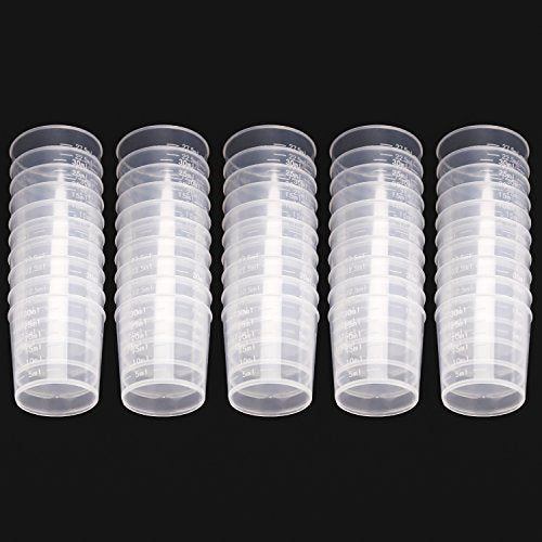 WXJ13 50 Pack 30ml Plastic Reusable Graduated Cups Transparent Scale Cups with 50 Pack Wooden Stirring Sticks for Mixing Paint, Stain, Epoxy, Resin