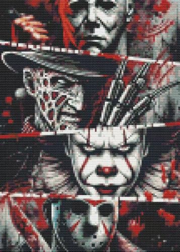 Eiazuiks Halloween Stamping Cross Stitch Kit, Horror Halloween Counting Cross Stitch Kit for Adult Beginners, Full Line DIY Stitching Kit for Home Decor Cross Stitch Patterns 12x16 inches - color: Horror