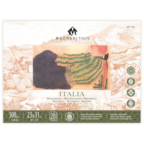 Magnani 1404 Italia Cold Press 100% Cotton Watercolor Paper Block, 20 Sheets, 9x12 inch, 140 lb, Acid-Free, UV Resistant, Vegan Sized Water Color Paper for Artists, Made in Italy - size: 23 x 31 cm