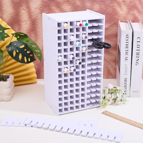 BENECREAT Wooden Art Marker Storage Rack, Pen Organizer with 120 Compartments, White Rectangle Desktop Organizer for Markers Pens Brushes Art Supplies, 13.39x5.16inch - size: 13.39x5.16inch