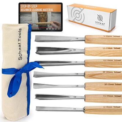 7-pc Wood Chisel Set with Gouges, Hand Sharpened | Professionally sharpened carving chisels for beginners, sculpture and relief carving, ergonomic handles, tutorials included - color: Professionally Sharpened 7 Piece Set