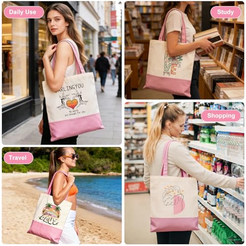 Canvas Tote Bag with Zipper for Women, Halloween Trick or Treat Bags Bulk | 13.8" x 15.3" Fashionable Two-Tone Cotton Tote Bag for Crafts, DIY Your Creative Designs - color: [A2] Beige / Pink