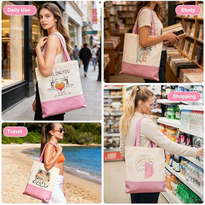 Canvas Tote Bag with Zipper for Women, Halloween Trick or Treat Bags Bulk | 13.8" x 15.3" Fashionable Two-Tone Cotton Tote Bag for Crafts, DIY Your Creative Designs - color: [A2] Beige / Pink