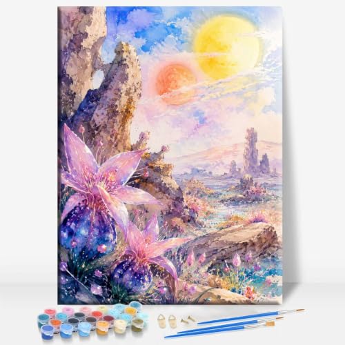 Aeontinity Alien Landscape Twin Suns Setting Space Framed Canvas DIY Paint by Numbers Kit Bar Cafe Cave Home Room Wall Bathroom Porch Patio Decor Gift, 16 x 12 Inch - color: ALIEN LANDSCAPE TWIN SUNS SETTING - 16 x 12 Inch