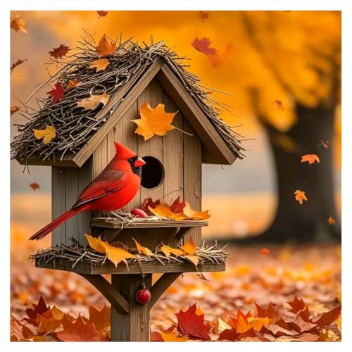 hill froeistung 5D Maple Leaf Diamond Art Painting Kits for Adults | Birdhouses Diamond dots Cardinal Diamond Art Painting Fall DIY Full Round Drill Crystal Craft Kit for Wall Decor 12x12inch - color: HF-A085