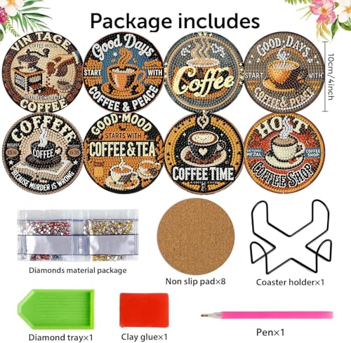 8Pcs Coffee Diamond Art Coasters Kits, Diamond Painting Coasters Kit | Coffee Diamond Art Painting Coasters Kits with Holder,DIY Diamond Art Coaster Kit for Beginners Adults Craft Supplies Gift - color: Inspirational Coffee